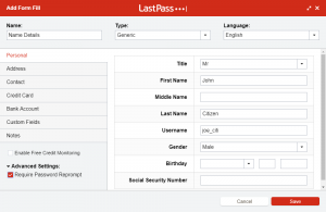 Adding a Form Fill item for name details into LastPass